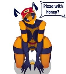 anthro anthro_only bee bee_girl big_breasts big_thighs black_eyes blue_body blue_fur breasts bug bug_girl clothing color confusion exoskeleton female female_focus female_only giorgio_117 half-dressed hat hi_res humanoid insect_girl insect_humanoid pizza pizza_bee_(xexeezy) pizza_girl red_clothing text text_box text_bubble wide_hips yellow_body yellow_fur