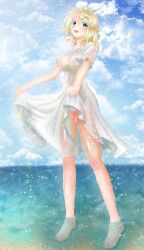 1girls areolae areolae_visible_through_clothing barefoot beach blonde_hair blue_eyes blue_sky breasts breasts_visible_through_clothing cloud cyan_eyes dolphin_ray_(vocaloid) dress eyebrows eyebrows_visible_through_hair feet_on_water female hair_ribbon kagamine_rin kagamine_rin_(dolphin_ray) kibatan long_skirt looking_at_viewer masa_works_design medium_hair mv_character nipples_visible_through_clothing no_bra no_teeth ocean open_mouth outdoors panties pantyshot see-through see-through_clothing shiny_skin skirt skirt_lift sky smile solo solo_female tagme vocaloid wet wet_clothes white_dress white_ribbon white_skirt