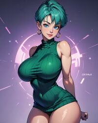 ai_generated big_breasts breasts bulma_(dragon_ball) bulma_briefs bulma_briefs_(majin_buu_saga) cleavage dragon_ball dragon_ball_z dress fr34ky light_blue_hair mature_female milf stable_diffusion thick_thighs wide_hips