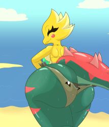 anthro ashley432 beach big_ass big_butt clothes_transformation dracozolt female fossil_pokémon inanimate_transformation massive_ass nintendo panties panties_transformation pokémon_(species) pokemon scalie swimsuit transformation underwear_transformation