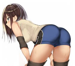 ass bare_shoulders bent_over blue_eyes blue_shorts blush breasts brown_hair brown_legwear closed_mouth cowboy_shot elbow_pads female female grey_shirt hands_on_own_thighs in_profile kureha_(ironika) long_hair medium_breasts original shirt short_shorts shorts sidelocks simple_background sleeveless sleeveless_shirt solo sportswear sweat thighhighs thighs tsubasa_(kureha) volleyball_uniform white_background