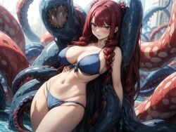 ai_generated beach big_breasts bikini fairy_tail irene_belserion leaning red_hair tentacle tentacle_monster