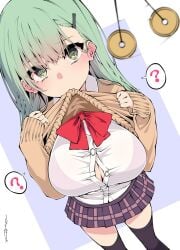 ? @_@ black_thighhighs blazer bow bowtie bra_visible_through_clothes breasts button_gap cardigan cardigan_lift clothes_lift coin coin_on_string female green_eyes green_hair hair_ornament hairclip highres holed_coin hypnosis jacket jewelry kantai_collection large_breasts long_hair mind_control pendulum pleated_skirt red_bow red_bowtie sakakiba_misogi school_uniform skirt sleeves_past_wrists solo solo_focus speech_bubble spoken_question_mark suzuya_(kantai_collection) sweater sweater_lift thighhighs