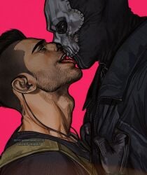 2boys call_of_duty call_of_duty_modern_warfare_2_(2022) do_not_repost flirtatious flirting gay highres john_mactavish licking male/male male_focus male_only no_visible_genitalia simon_riley suggestive teasing tongue tongue_out umikochannart yaoi