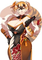 1girls anthro big_breasts breasts female mx99926 pipe qipao smoke_pipe sole_female solo solo_female solo_focus thick_thighs tiger tiger_ears tiger_girl tiger_print tiger_stripes waai_fu_(arknights) wide_hips