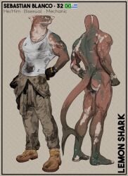 absurd_res anthro ass biped bottomwear clothing ekzonzz fin fish hi_res male marine model_sheet muscular muscular_anthro muscular_male pants ring_piercing shark shirt standing tail tank_top tattoo topwear