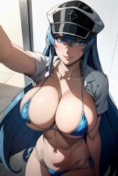 1female 1girls ai_generated akame_ga_kill! anime anime_style aqua_hair big_breasts bikini blue_hair breasts esdeath_(akame_ga_kill!) fitness from_above hat hd hd_(traditional) high_resolution highres huge_breasts large_breasts long_hair looking_at_viewer micro_bikini navel navel_piercing nsfw posing posing_for_the_viewer selfie shiny_breasts shiny_hair shiny_skin sideboob sky4maleja smile solo solo_female solo_focus underboob