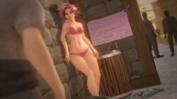 1boy 1girls 3d blue_eyes bra cat_eyes female female_focus hi-rez_studios jineisho light-skinned_female light_skin maeve_(paladins) male paladins panties pink_hair prostitution public underwear undressing