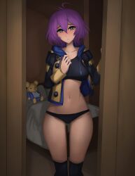 1girls bare_midriff bare_thighs bed bedroom bernadetta_von_varley black_eyes black_panties breasts door female female_only fire_emblem fire_emblem:_three_houses fraudulenttaco garreg_mach_monastery_uniform hair_between_eyes hoodie indoors kneehighs looking_at_viewer medium_breasts medium_hair midriff nintendo open_mouth opening_door panties pillow plushie purple_hair solo tank_top teddy_bear thighs underwear