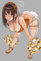 ass bare_arms bare_shoulders bent_over blue_eyes breasts brown_hair cheerleader clavicle cleavage crop_top female frown full_body hair_ornament hair_ribbon kureha_(ironika) large_breasts looking_at_viewer midriff miniskirt original pleated_skirt pom_poms ribbon skirt sleeveless_shirt sneakers solo thighhighs tsubasa_(kureha) zettai_ryouiki