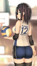 aqua_eyes arm_at_side ass ball black_hair black_legwear blue_shorts blurry blurry_background breasts closed_mouth elbow_pads eyebrows_visible_through_hair female from_behind holding holding_ball holding_object in_profile indoors kureha_(ironika) looking_at_viewer looking_back medium_breasts medium_hair original shiny shiny_skin shirt short_hair shorts sleeveless sleeveless_shirt solo sports_uniform sportswear standing thighhighs tsubasa_(kureha) uniform volleyball volleyball_uniform white_shirt