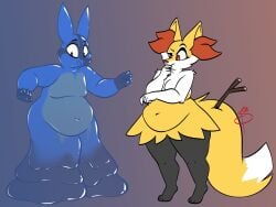 big_breasts braixen breasts chubby cleavage female furry huge_breasts lucario pokemon pokemon_(species) sumisune thick_thighs wide_hips