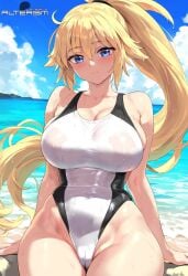 1girls ai_generated alterism beach big_breasts blonde_hair blue_eyes breasts cameltoe cleavage competition_swimsuit curvaceous curvy fate/apocrypha fate/grand_order fate_(series) female_focus groin happy highleg_leotard hourglass_figure jeanne_d'arc_(fate) jeanne_d'arc_(fate)_(all) jeanne_d'arc_(swimsuit_archer) large_breasts light-skinned_female light_skin long_hair looking_at_viewer ocean outdoors ponytail shiny_skin sideboob sitting skin_tight skindentation smile thick_thighs wet wet_clothes