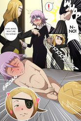 1boy 1girls androgynous blonde_hair blush crona_(soul_eater) eyepatch feminine_male flaccid_penis foreskin intact licking_lips marie_mjolnir meteorreb0rn pale_skin partially_retracted_foreskin pink_hair shy soul_eater uncut