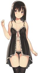 ass_visible_through_thighs babydoll bare_shoulders black_legwear black_panties black_thighhighs black_underwear blush breasts brown_hair camisole clavicle cowboy_shot fanart fanart_from_twitter female female_only hairband kantai_collection kureha_(ironika) lingerie looking_away midriff navel negligee pale_skin pantsu shiny shiny_skin short_hair simple_background small_breasts solo thighhighs tsubasa_(kureha) twitter underwear white_background