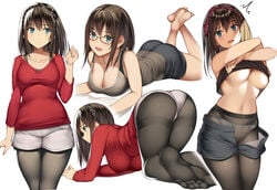 :d all_fours ass bare_arms bare_shoulders barefoot black_shirt black_shorts blue_eyes breasts brown_hair brown_legwear clavicle cleavage closed_mouth denim denim_shorts feet female hair_ornament hair_ribbon impossible_clothes impossible_shirt kureha_(ironika) large_breasts legs_up long_hair long_sleeves lying megane multiple_views navel no_shoes notice_lines on_stomach open-mouth_smile open_fly open_mouth original panties_under_pantyhose pantsu pantyhose polka_dot red-framed_eyewear red_shirt ribbon shirt shorts sleeveless sleeveless_shirt smile solo stomach tank_top taut_clothes taut_shirt thighs toes top-down_bottom-up tsubasa_(kureha) underboob underwear undressing unzipped white_shorts