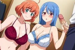 2girls 2girls1boy ai_generated big_breasts big_penis blush bra breasts cleavage collarbone excited gastkeser82 grabbing_penis handjob huge_breasts large_breasts navel open_pants original panties penis penis_grab shaft smile stomach underwear veiny veiny_penis