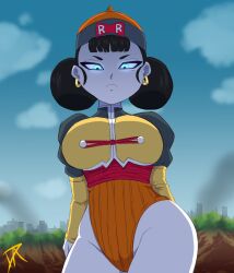 1girls android android_19 android_girl big_breasts black_hair blue_eyes dalley_le_alpha dragon_ball dragon_ball_z earrings female female_only looking_at_viewer rule_63 solo solo_female solo_focus thick_thighs thighs white_body white_skin wide_hips