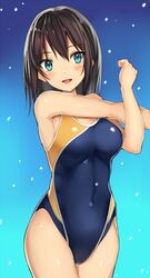 :d aqua_background armpits black_hair black_swimsuit blue_background blue_eyes breasts competition_swimsuit covered_navel cowboy_shot female female gradient gradient_background kureha_(ironika) looking_at_viewer medium_breasts one-piece_swimsuit open-mouth_smile open_mouth original smile solo standing stretch swimsuit tank_suit tsubasa_(kureha)