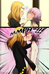 1boy 1girls androgynous blonde_hair blush clothed_female clothed_female_nude_male crona_(soul_eater) feminine_male french_kiss french_kissing kissing male/female marie_mjolnir meteorreb0rn nude_male pale_skin pink_hair red_face shy soul_eater sweating