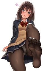 :d ass black_jacket black_skirt blazer blue_eyes blush bow bowtie breasts brown_hair brown_legwear brown_sweater collared_shirt crotch_seam feet female female fine_fabric_emphasis grey_panties hair_ornament heart jacket kureha_(ironika) leg_up long_hair long_sleeves looking_at_viewer medium_breasts miniskirt no_shoes open-mouth_smile open_clothes open_jacket open_mouth original panties_over_pantyhose pantsu pantyhose pleated_skirt pov_feet reclining red_neckwear school_uniform shirt simple_background skirt smile soles solo striped striped_neckwear sweater toes tsubasa_(kureha) underwear uniform viewed_from_below white_background white_shirt wing_collar x_hair_ornament