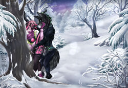 anthro blush breasts canid canine canis chiropteran clothed clothed_sex clothing digital_media_(artwork) duo female female_penetrated fur genitals hair kotezio male male/female male_penetrating male_penetrating_female mammal nipples open_mouth outside penetration penis plant radioactivemint sex sky smile snow tree wings winter wolf