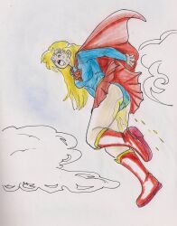 ass blue_panties butt dc dc_comics flying goldenstorm incontinence kara_danvers omorashi panties peeing peeing_self puddle skirt supergirl traditional_media_(artwork) upskirt urine_pool urine_puddle urine_stain urine_stream wetting wetting_self