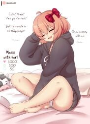 barefoot blush brown_hair closed_eyes crossed_legs doki_doki_literature_club feet hair_ribbon hoodie hoodie_only just_sayori mc_(doki_doki_literature_club!) panties raionart sayori_(doki_doki_literature_club) short_hair sitting smile smiling teenager thick_thighs wholesome