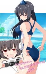 2girls adjusting_clothes adjusting_swimsuit annoyed back_cutout black_hair blue_hat blue_one-piece_swimsuit brown_eyes camera closed_mouth clothing_cutout commentary_request competition_swimsuit female female_only hat highres holding holding_camera iizunamaru_megumu long_hair looking_back multiple_girls one-piece_swimsuit pom_pom_(clothes) pool red_eyes rise_(rise19851203) shameimaru_aya swimsuit tokin_hat touhou translation_request v-shaped_eyebrows