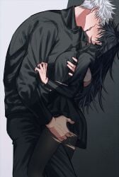 1boy 1girls ass ass_grab black_hair black_jacket black_pants black_pantyhose black_skirt blue_eyes blush breasts cropped_jacket eye_contact french_kiss full-face_blush fushiguro_megumi fushirun_rung genderswap_(mtf) high_collar jacket jujutsu_kaisen kissing legs long_hair long_sleeves looking_at_another medium_breasts pants pantyhose pussy_juice rule_63 satoru_gojo school_uniform short_hair skirt straight thighs torn_clothes torn_pantyhose very_long_hair