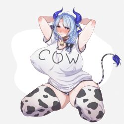 1girls armpits bell big_breasts blue_eyes blue_hair blue_horn blue_horns blush bow closed_mouth collar covered_navel covered_nipples cow_ears cowbell cowgirl cowprint female female_only full_body fully_clothed hands_behind_head horns huge_breasts indie_virtual_youtuber kneeling light-skinned_female light_skin looking_at_viewer miilkywayz mole_under_eye muroku_(aimichiyo0526) shirt simple_background solo star_eyes text_on_clothing thick_thighs virtual_youtuber vtuber