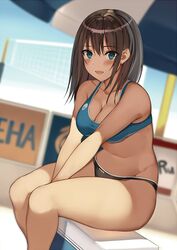 arms_between_legs bikini bikini_bottom black_bikini_bottom blue_bikini_top blue_eyes blurry_background blush breasts brown_hair cleavage female kureha_(ironika) large_breasts legs medium_hair midriff navel open_mouth original solo sports_bikini sportswear swimsuit thighs tsubasa_(kureha)