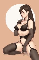 big_breasts black_hair bluejasmin bra final_fantasy final_fantasy_vii footwear garter_belt garter_straps jasmin_darnell large_breasts lingerie long_hair sitting stockings thighhighs tifa_lockhart