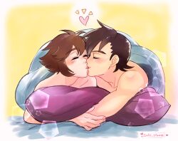 2boys black_hair brown_hair ethan_(pokemon) hilbert_(pokemon) human kissing male_only nude pokemon romantic soft_sizzle wholesome yaoi