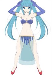 1girls aqua_eyes aqua_hair armpits arms_up arms_up_over_head belly_dancer belly_dancer_outfit bellybutton bikini_top blue_bikini blue_gloves blunt_bangs blunt_ends breasts collarbone elbow_gloves ell182a_(masa_works_design) encantada_(vocaloid) female female_only full_body gloves harem harem_girl harem_outfit hatsune_miku koji_no_uta loincloth long_hair lowres maha's_story_series masa_works_design midriff mv_character navel no_sex o-ring o-ring_top official_art pale parted_lips red_shoes sidelocks simple_background solo solo_female strapless the_dancer_(maha's_story) twintails vocaloid white_background white_skin