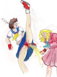 2girls blush embarrassed goldenstorm in_front_of_another multiple_girls omorashi one_leg_up panties peeing peeing_in_front_of_another peeing_self sakura_kasugano street_fighter traditional_media_(artwork) urinating urinating_female urination urine urine_stream wetting wetting_self