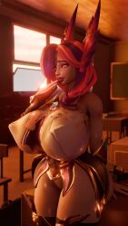 3d big_breasts bimbo heart-shaped_pupils league_of_legends otaviox6 pink_hair pink_nails school solo_female star_guardian_series star_guardian_xayah sunset xayah