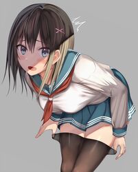 bangs black_hair black_legwear blue_eyes blue_sailor_collar blue_skirt blush breasts eyebrows_visible_through_hair female female grey_background hair_between_eyes hair_ornament kureha_(ironika) legs_together long_hair long_sleeves looking_at_viewer medium_breasts neckerchief open_mouth original pantyhose pantyhose_pull pleated_skirt pulled_by_self red_neckwear sailor_collar school_uniform serafuku shirt simple_background skirt sleeve_cuffs solo standing tsubasa_(kureha) uniform white_shirt x_hair_ornament