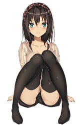 black_hair black_legwear blue_eyes breasts clavicle closed_mouth feet_apart female female full_body hairband knees_together knees_together_feet_apart kureha_(ironika) looking_at_viewer medium_breasts no_shoes original polka_dot shirt short_shorts short_sleeves shorts simple_background sitting smile solo thighhighs tsubasa_(kureha) white_background