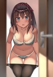 black_legwear blue_eyes blush bow bow_bra bow_panties bra breasts brown_hair clavicle cleavage depth_of_field eyebrows_visible_through_hair female gluteal_fold grey_bra grey_panties hairband kureha_(ironika) large_breasts leaning_forward looking_at_viewer medium_hair midriff navel open_door original pantsu pantyhose parted_lips polka_dot_hairband purple_hairband solo thigh_gap tsubasa_(kureha) underwear undressing