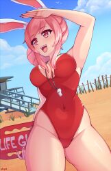 1girls absurd_res beach bunny_ears bunny_girl female female_only fiz hair_bun happy lifeguard looking_away pigsny pink_eyes pink_hair rescue_buoy smile solo swimsuit thick_thighs