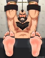 anticipation bara blush bondage_chair chest_hair feet foot_focus gay male_feet male_foot_fetish restrained revealyoursins scars street_fighter sweat text tickle_fetish toes_tied zangief