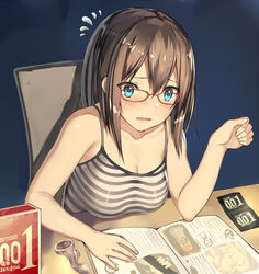 bare_arms bare_shoulders blue_eyes blush breasts brown_hair camisole clavicle cleavage condom condom_wrapper female female_only glasses kureha_(ironika) medium_hair open_mouth original red_glasses sex_education sole_female solo spaghetti_strap tsubasa_(kureha) upper_body