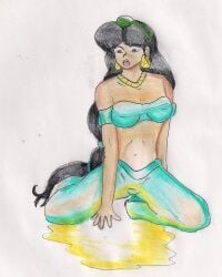 aladdin goldenstorm omorashi peeing peeing_self princess_jasmine sitting sitting_in_urine sitting_on_floor sitting_on_ground traditional_media_(artwork) urine urine_on_ground urine_pool urine_puddle urine_stream wetting wetting_self