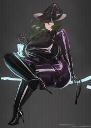 broomstick green_hair heels high_heels huge_breasts latex latex_suit long_hair mmmmmkun witch witch_hat