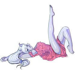 blue_eyes broken_horn feet fenris_celbehron horns leg_up nat19 pink_dress pinup_pose vestige_of_ophiuchus