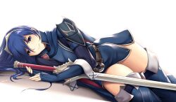 1girls 2017 bare_thighs blue_eyes blue_hair falchion_(fire_emblem) female female_only fire_emblem fire_emblem_awakening looking_at_viewer lucina_(fire_emblem) lying nintendo on_side solo sword thighs tiara tony_guisado weapon