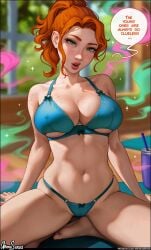 1girls aroma_sensei bare_arms bare_shoulders big_breasts blush bra clothed clothing color dirty_talk english_text female female_focus female_only flirting green_eyes gym gym_clothes hi_res large_breasts light-skinned_female light_skin long_hair looking_at_viewer open_mouth orange_hair panties robin_(stardew_valley) solo solo_female stardew_valley sweat tagme text text_bubble thick_thighs underwear