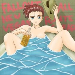 1girls bathing bathtub blue_eyes boobs casual cowboy_hat english_text fallout fallout_new_vegas female female_focus female_only full_body invisible_vagina koma naked no_nipples no_sex ponytail red_hair rose_of_sharon_cassidy smirk smirking_at_viewer solo solo_female tagme text whisky