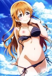 1girls ai_generated areola_slip areolae bikini bikini_pull blue_sky blush breasts brown_hair cloud earrings female hair_ornament hairclip konoe_kanata long_hair looking_at_viewer love_live! love_live!_nijigasaki_high_school_idol_club milua nai_diffusion navel necklace nipples novelai ocean off_shoulder outdoors purple_eyes self_upload sky smile solo solo_female swimsuit tagme